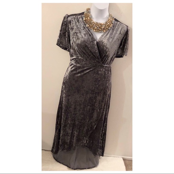Gray Wrap Around Velvet Hi Lo Dress - Picture 3 of 5